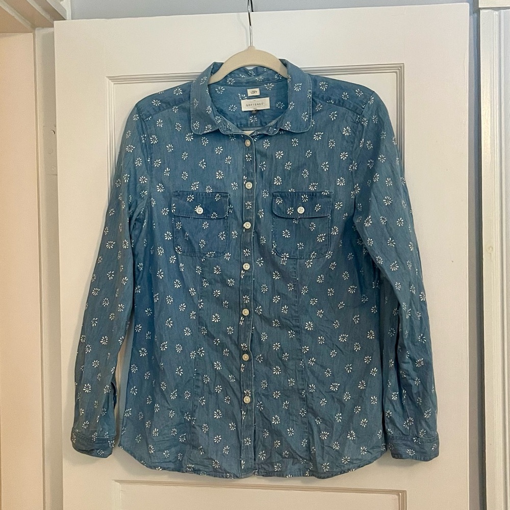 LOFT Softened Blue Shirt with White Floral Design